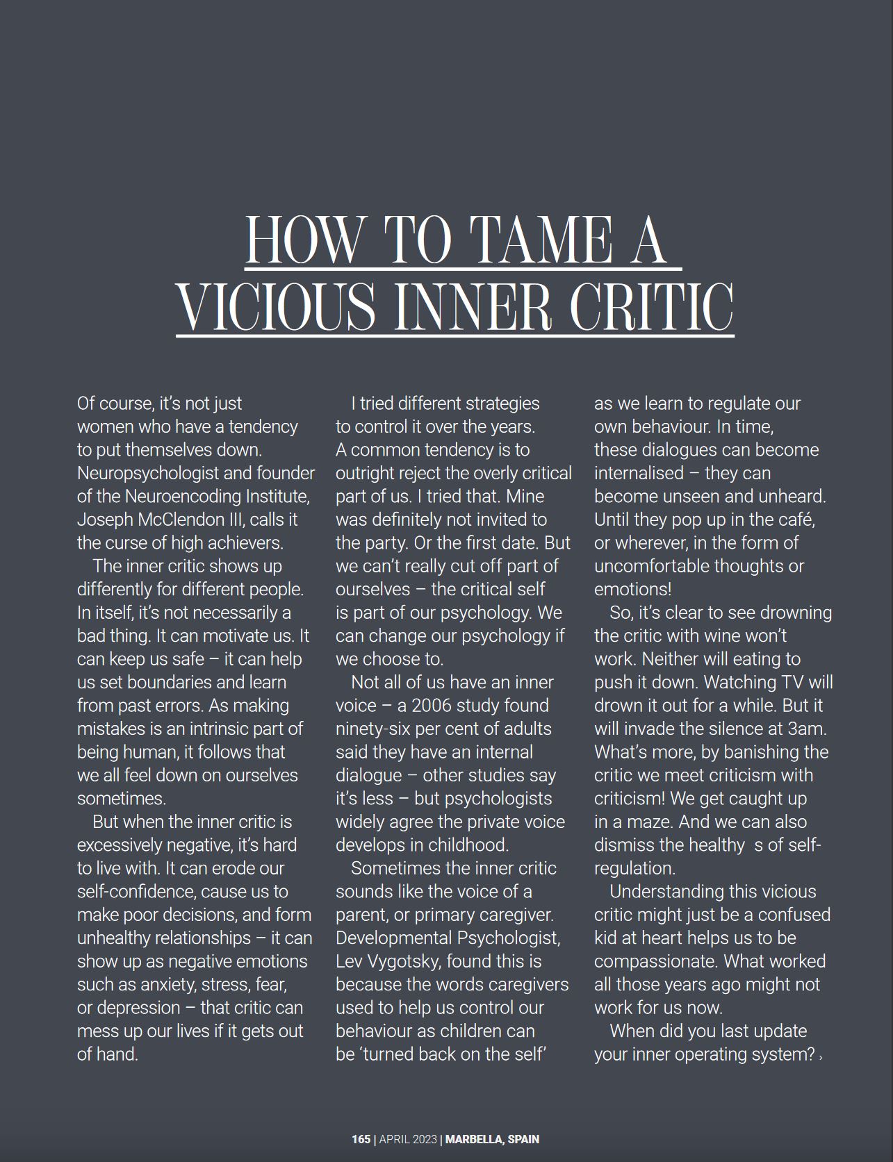 The Unruly Mind - How to Tame and Vicious Inner Critic by Ali Lochhead. An article in Marbella Essential Magazine. Page 2